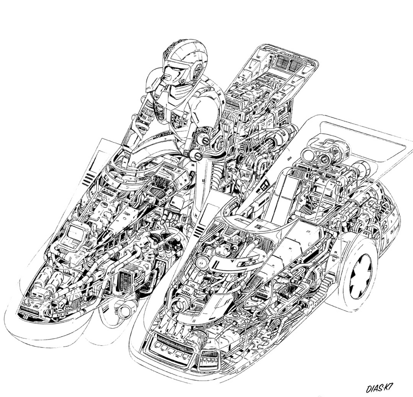 一组动漫机甲与载具内构展示,展现了详细的机械设计,by deiasuk7