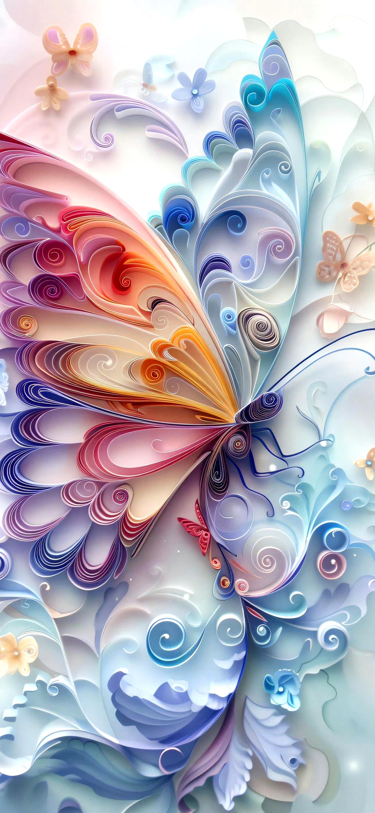 分享一组ai生成的衍纸蝴蝶插画作品,用多彩的纸张创作出各种造型的