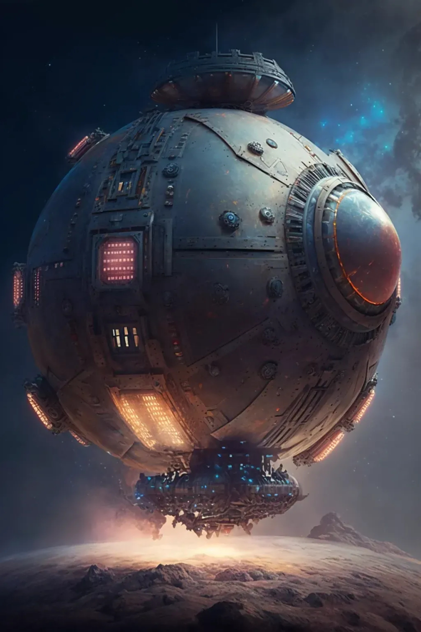 ai生成的一组空间站插画作品,太空中漂浮着巨大的圆形空间站.