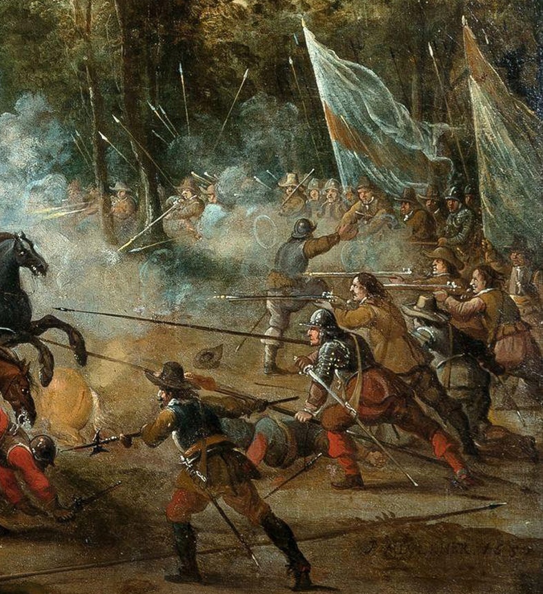 作品描绘了当时的战争场面,也揭示了手枪代替骑枪一个重要原因:"步兵