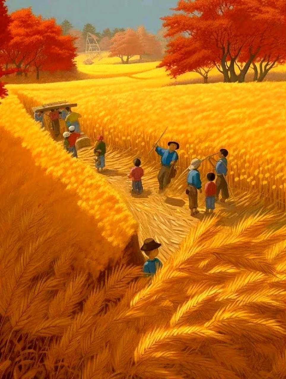 一组反映金秋时节乡村丰收的插画,金色的稻谷麦浪之中是满满的回忆.