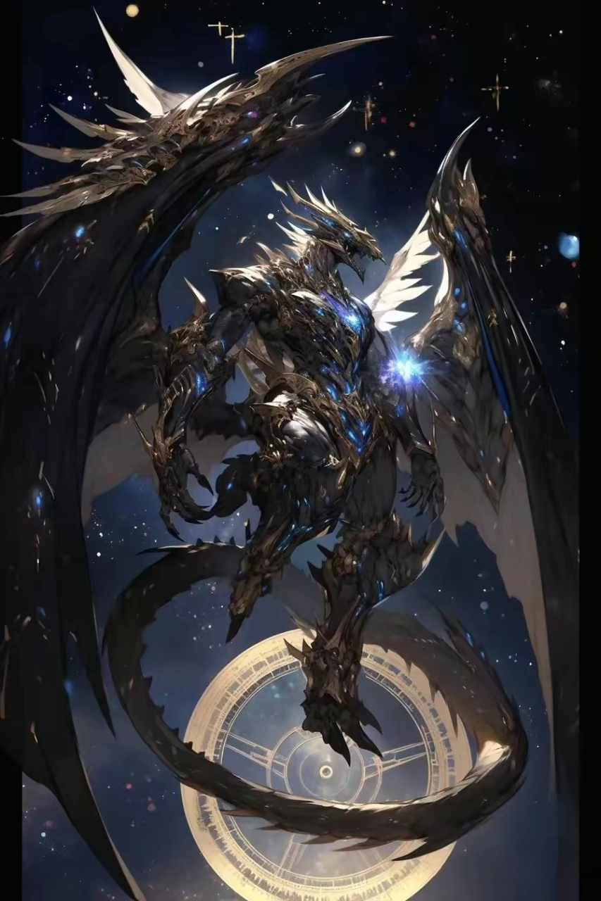 一组ai生成的神龙插画作品,还是西方龙的形象,飞翔在太空里.