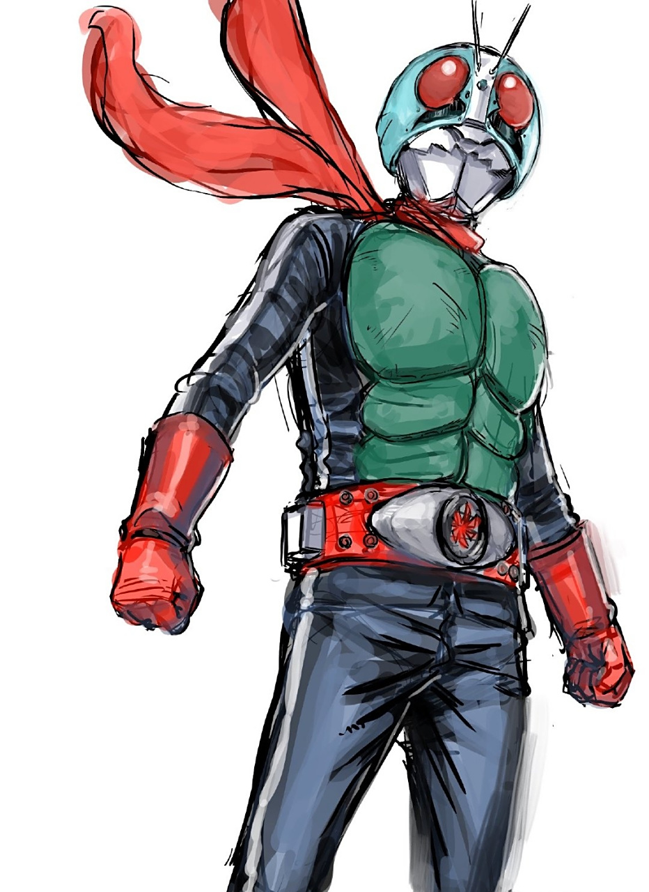 一组假面骑士同人插画欣赏,展现了一号和二号的形态,动态感十足.