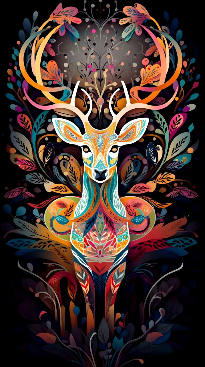 一组抽象的林中神鹿插画作品,用绚丽的色彩展现了森林与鹿和谐共生的