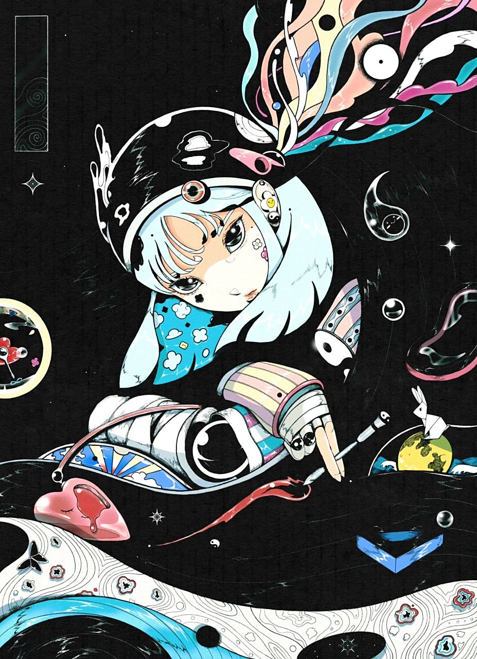 一组画风独特的动漫人物插画,风格抽象,画面信息量极大.