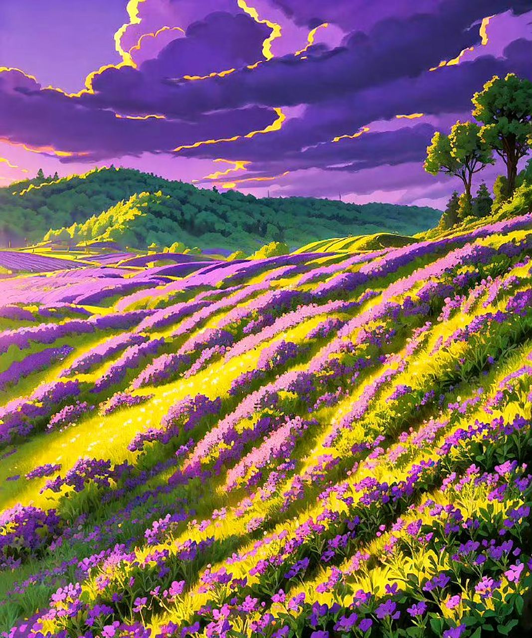 一组ai生成的风景作品,梦幻般的紫色花海.#动漫# #插画# #二次元