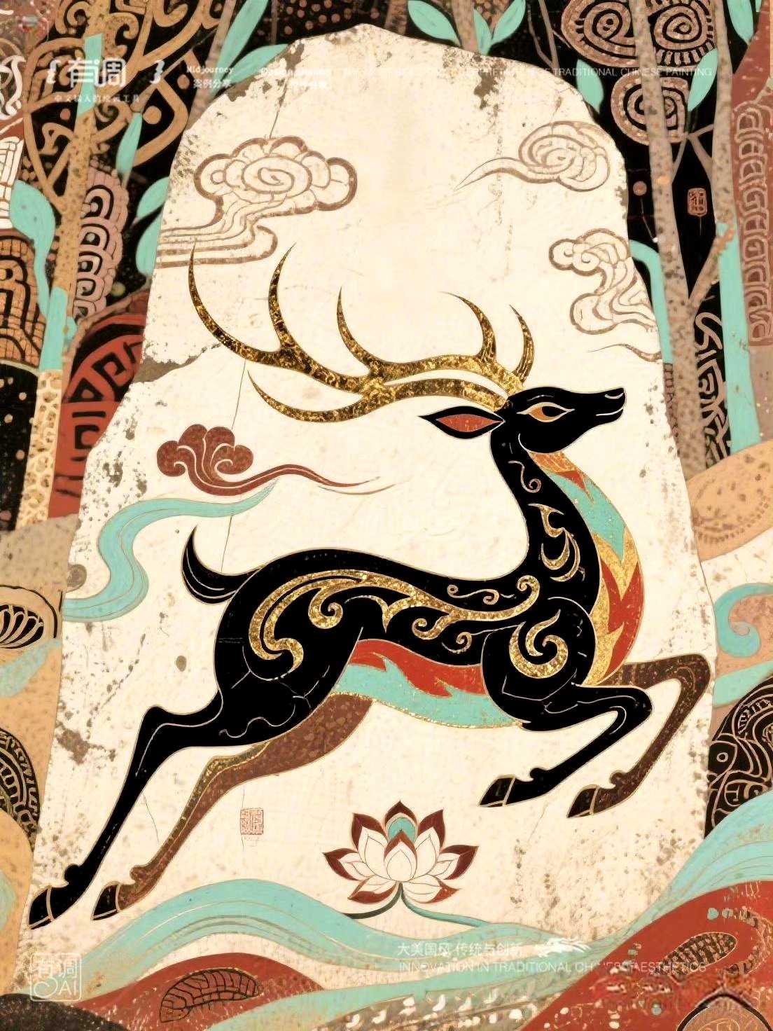 分享一组敦煌壁画风格的九色鹿插画作品