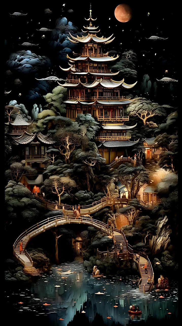 一组ai生成的古风夜色插画作品欣赏,皓月当空,照亮灯火阑珊.