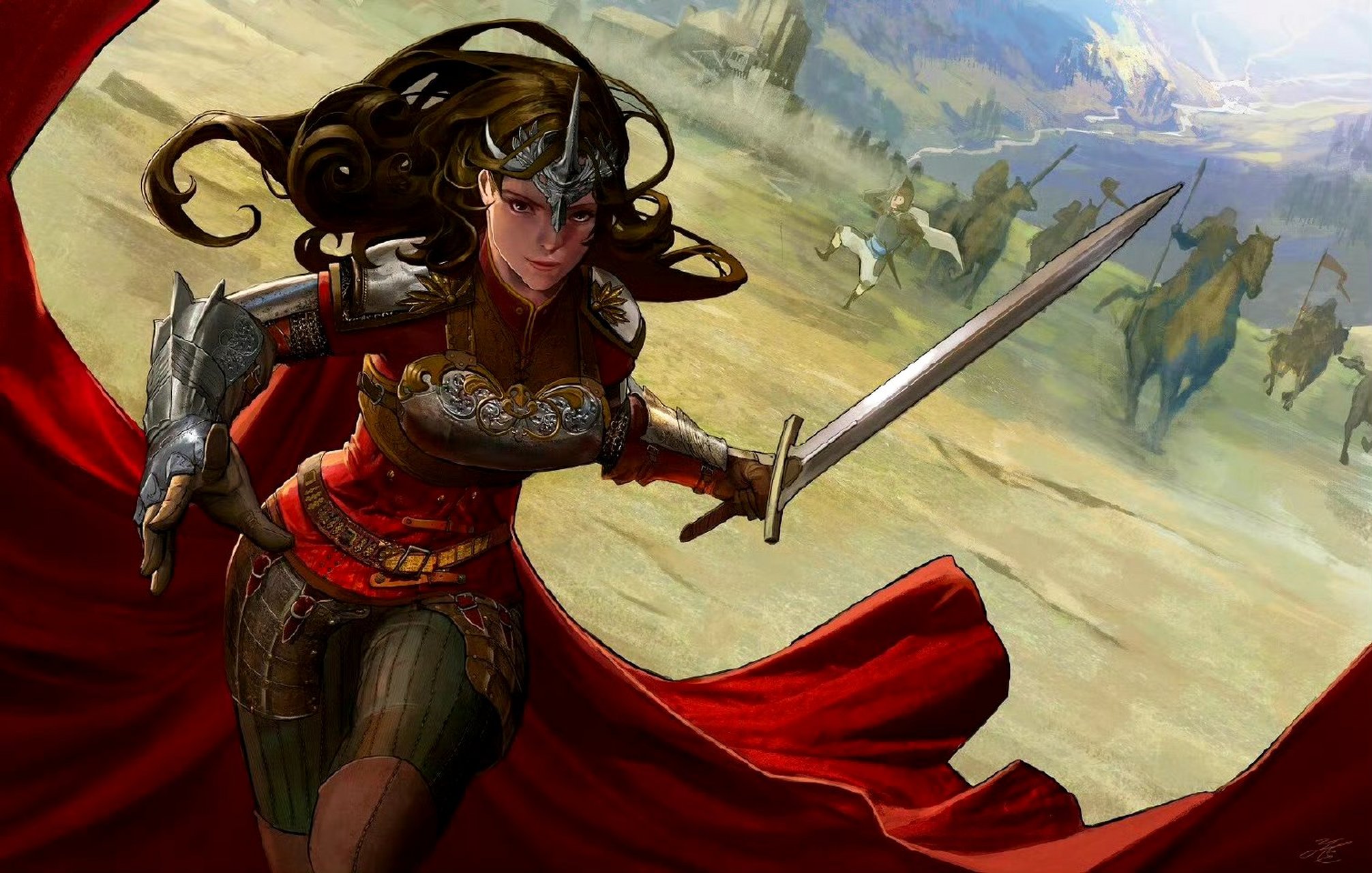 yoshida动漫人物插画欣赏,用细腻的画风描绘了身着华丽铠甲的战士形象