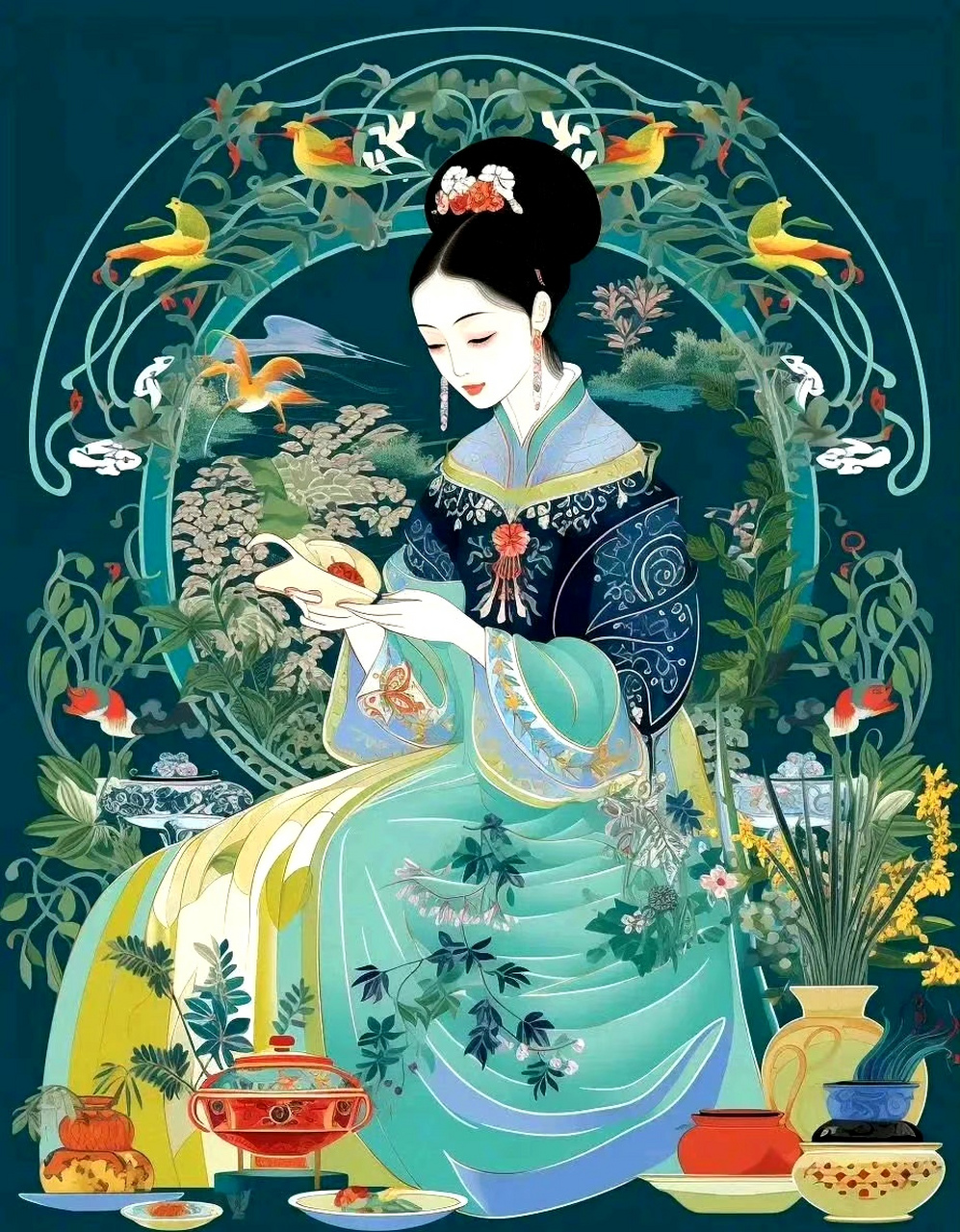 一组国风人物绘画作品欣赏,素雅的服饰与清秀的风格相得益彰,by 王