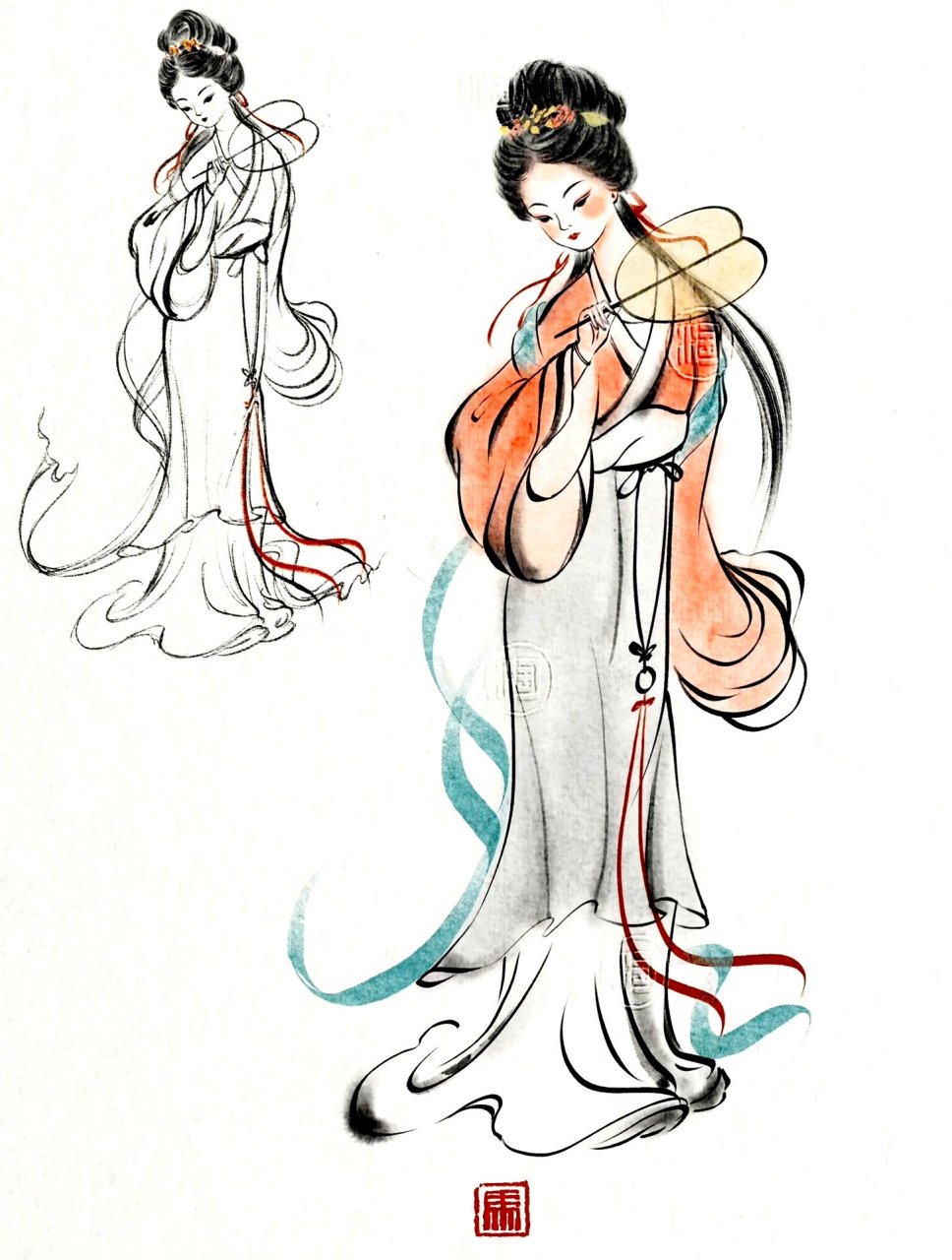 一组古风仕女速写作品欣赏,线条勾勒人物十分生动清秀,by 马小淘.