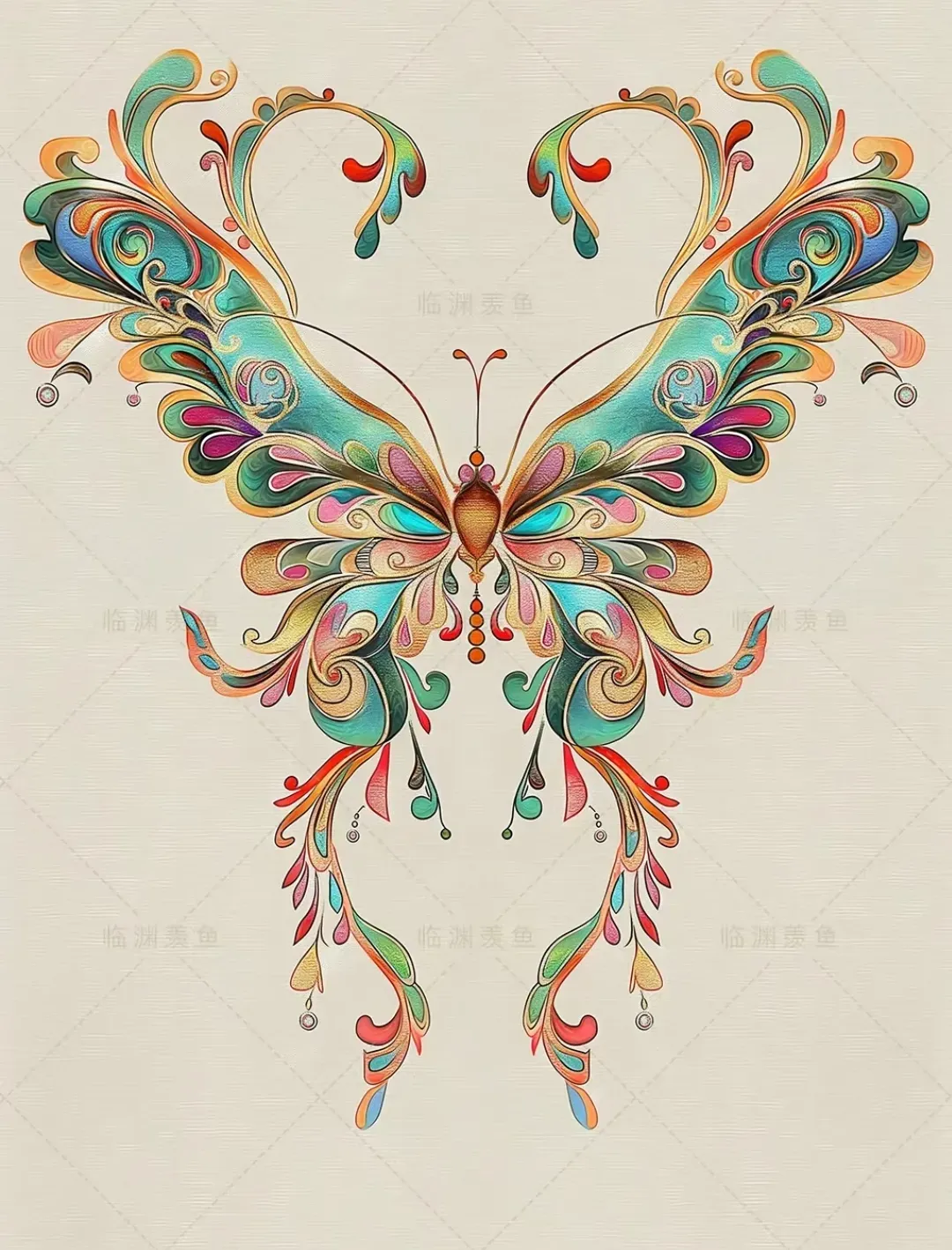 分享一组敦煌壁画纹样插画,描绘了形态各异的蝴蝶花纹,造型华丽而充满