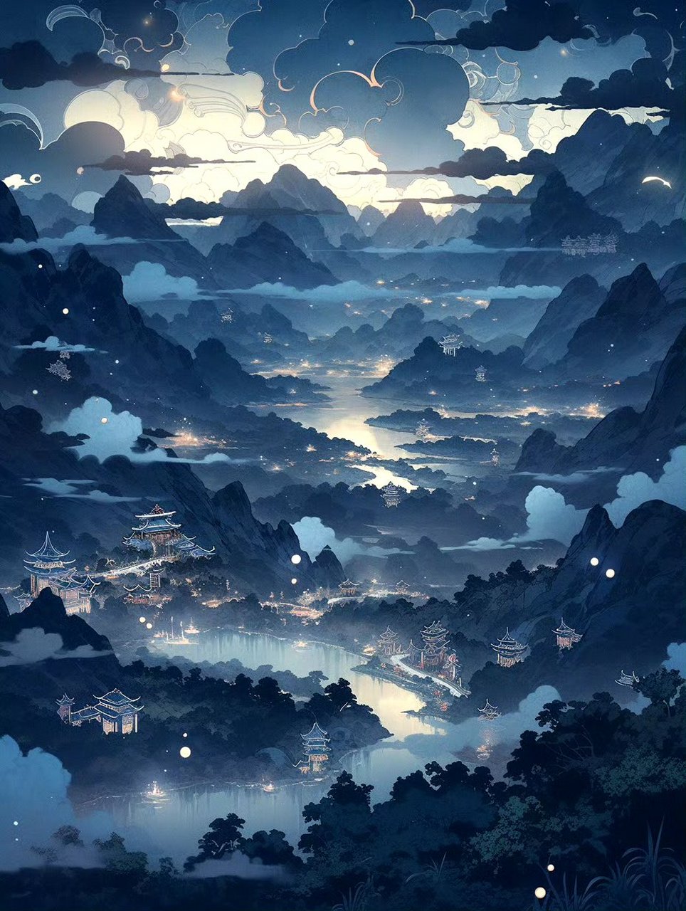 ai生成的一组山水风景插画作品,繁星之下的山水楼阁,山水星辰可摘.