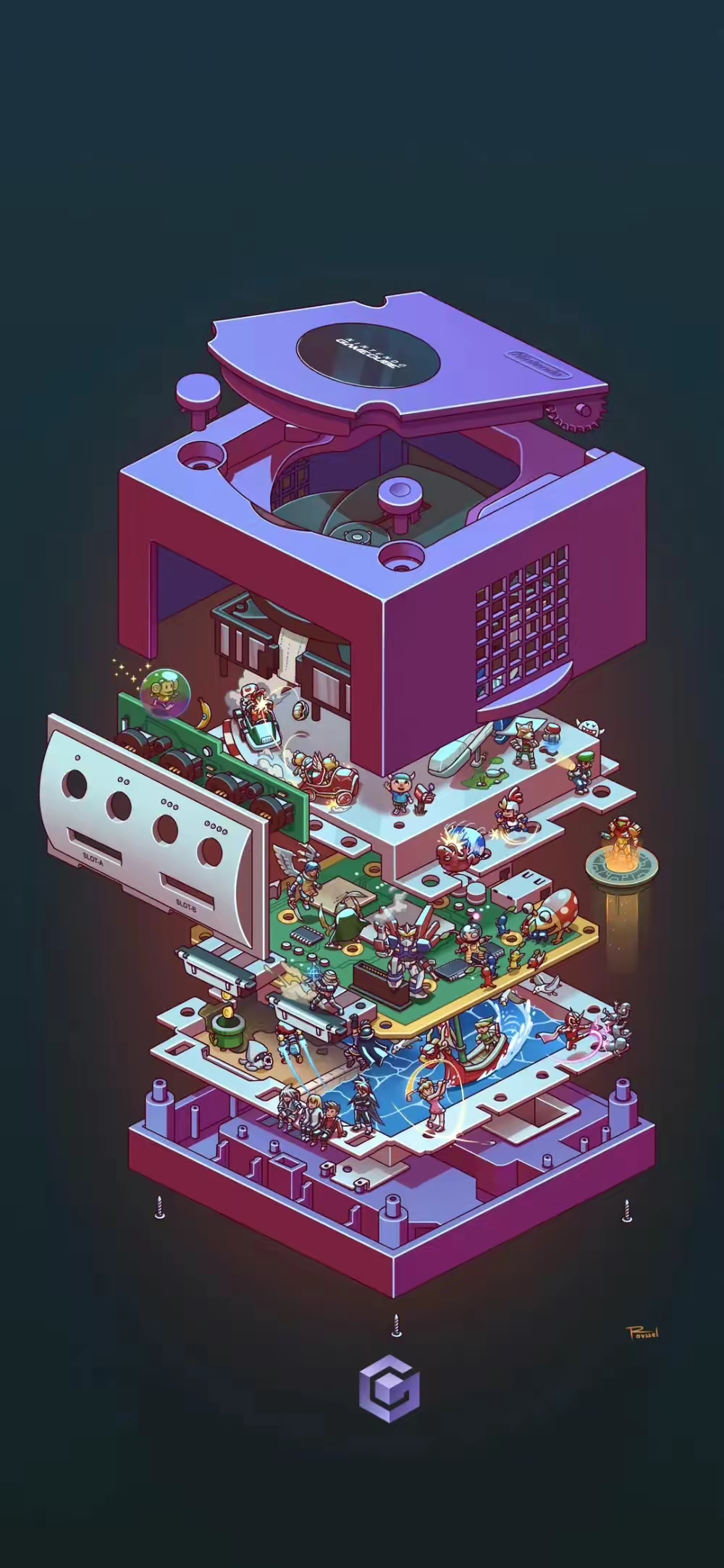 画师pierre roussel绘制的一组游戏主机插画作品,描绘了主机的分层