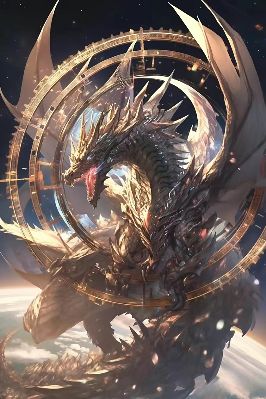 一组ai生成的神龙插画作品,还是西方龙的形象,飞翔在太空里.