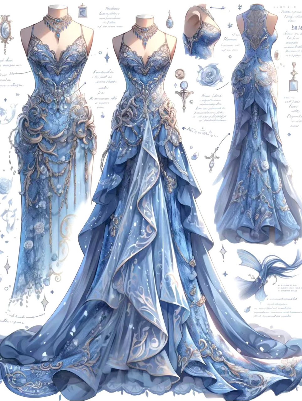 ai生成的一组蓝色的晚礼服,蓝色的布料配以各色珠宝和金色的丝边,显得