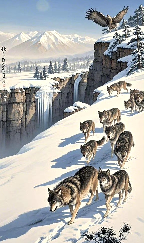 描绘了雪原上的狼群,展现了北国寒冬的景色
