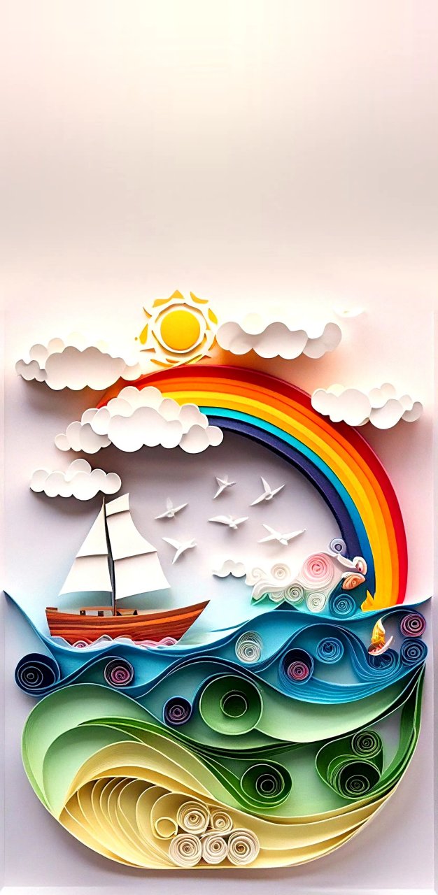 一组ai生成的衍纸风格风景作品,将景色立体展现在纸上,by midjourney.