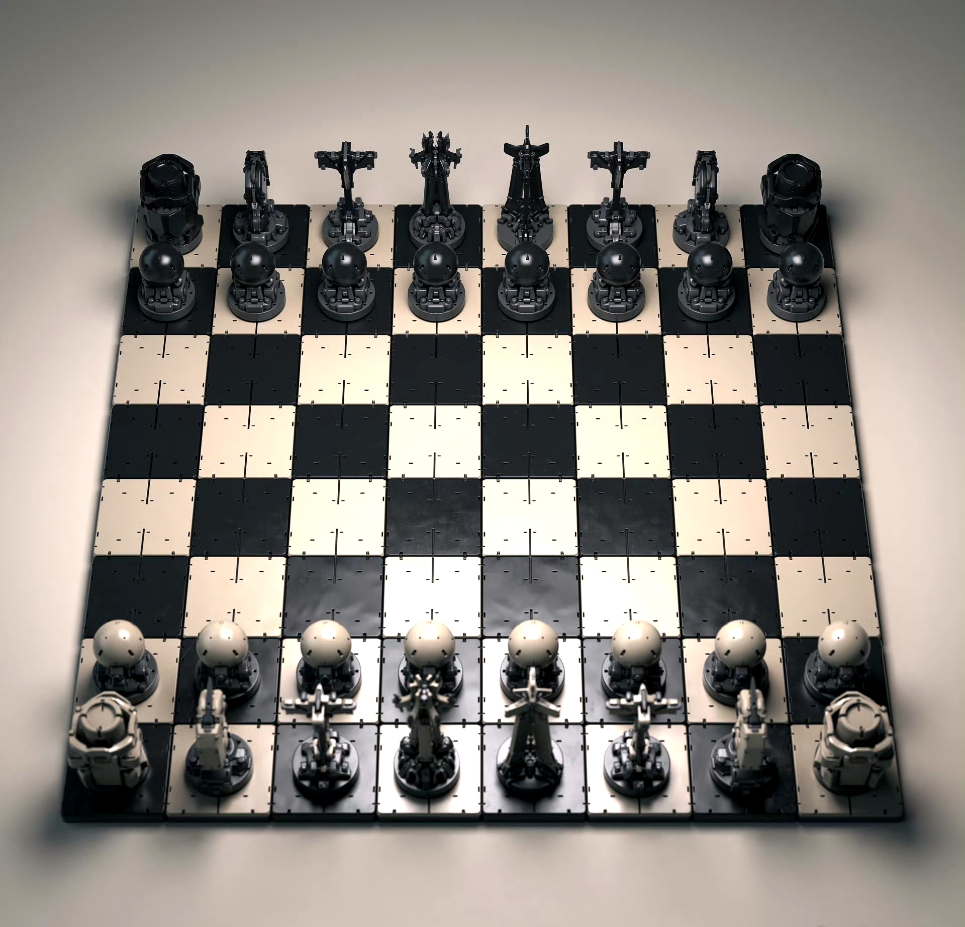 mechnuggets创作的一组国际象棋概念设计,用机甲造型再现了棋盘中的