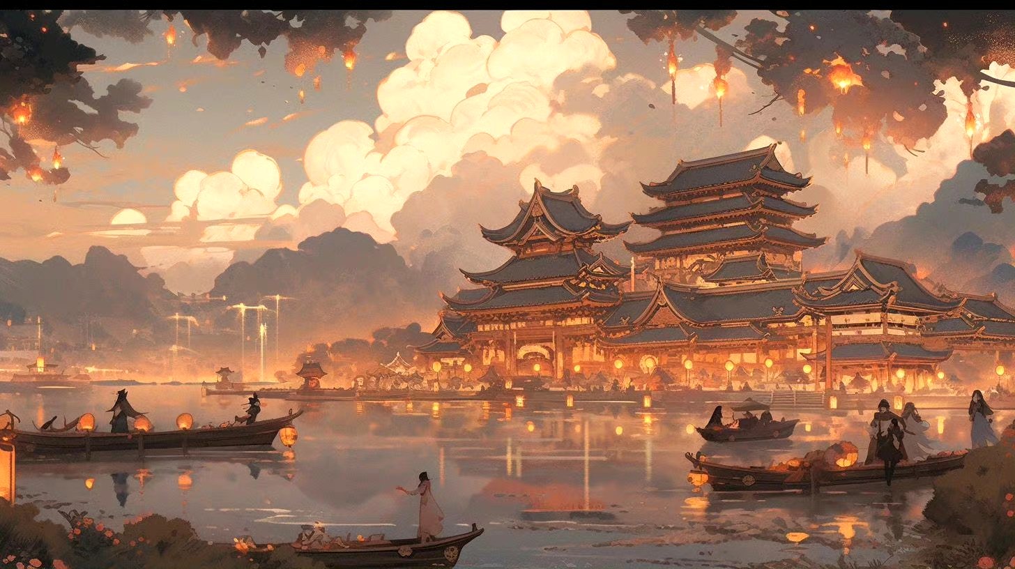 分享一组国风动漫场景作品,描绘了节日氛围下繁华的景象,古风盎然