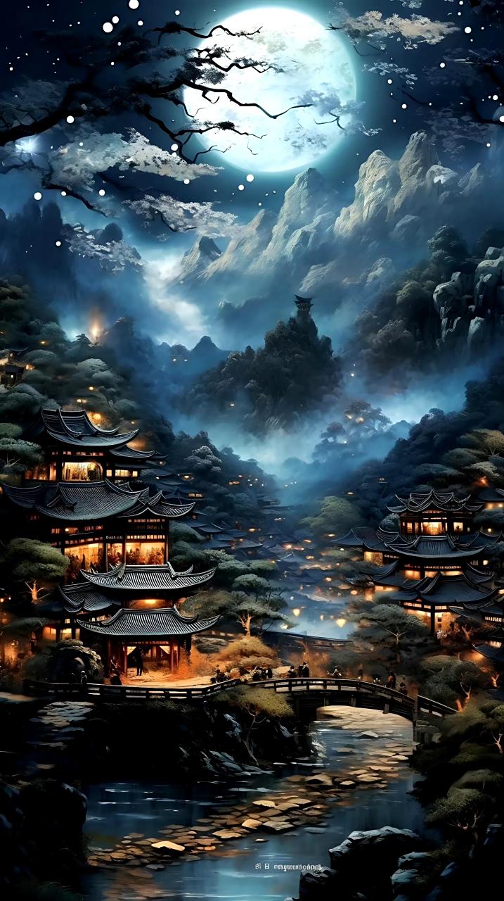 一组ai生成的古风夜色插画作品欣赏,皓月当空,照亮灯火阑珊.
