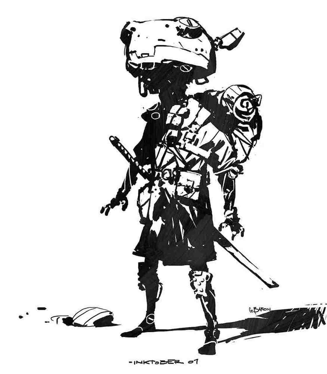 画师giorgio baroni绘制的黑白科幻插画,大面积运用阴影,突出了末世的