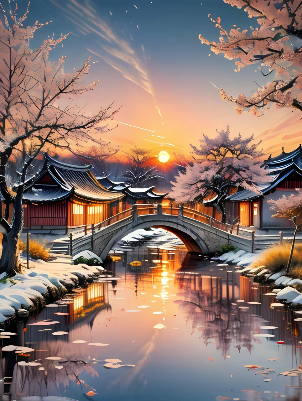 ai生成的一组风景绘画作品,描绘了夕阳下的山村景象,小桥流水与远山