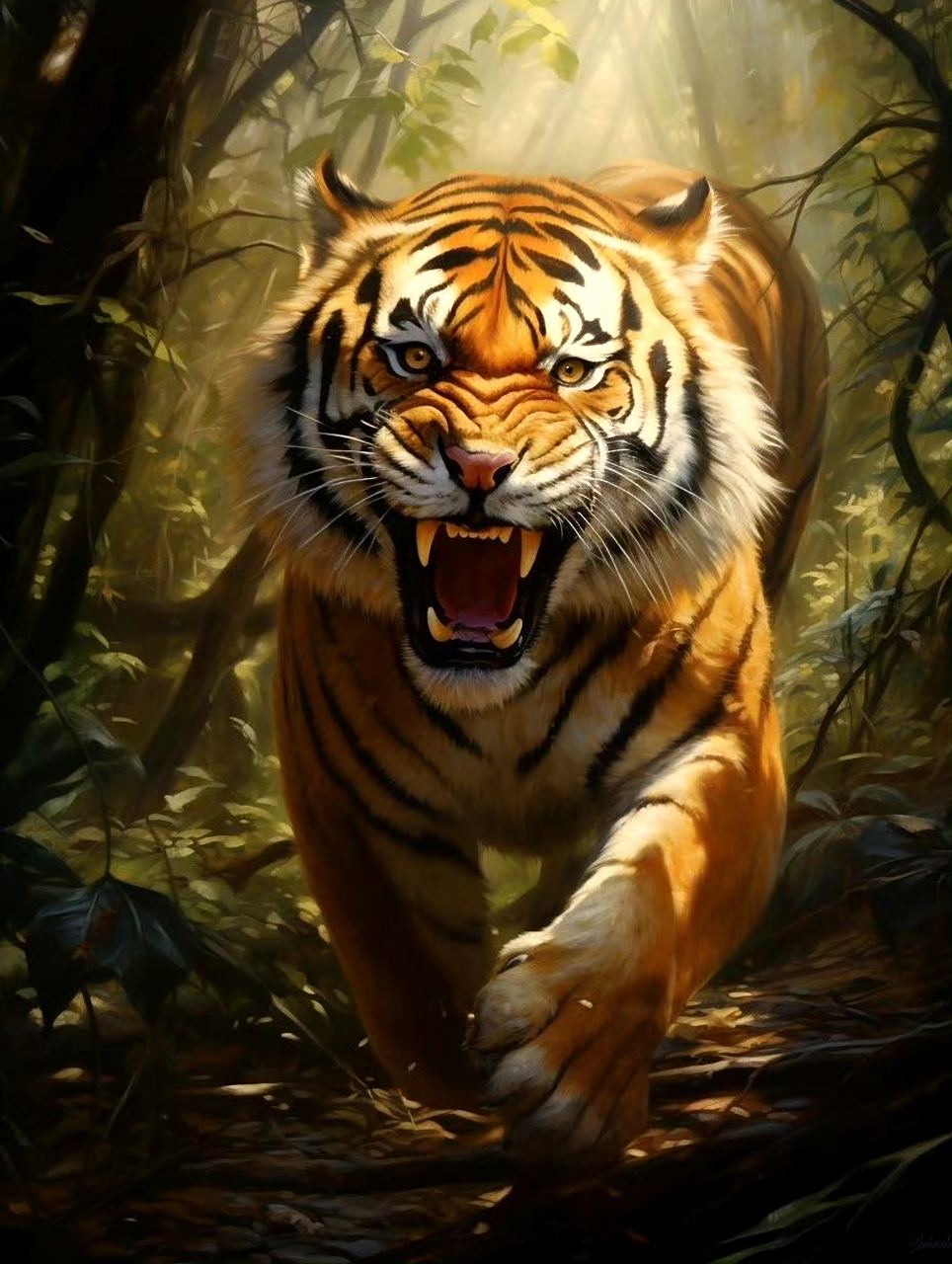 一组ai生成的猛虎插画作品,展示了猛虎的威猛与力量,神态与动作刻画有