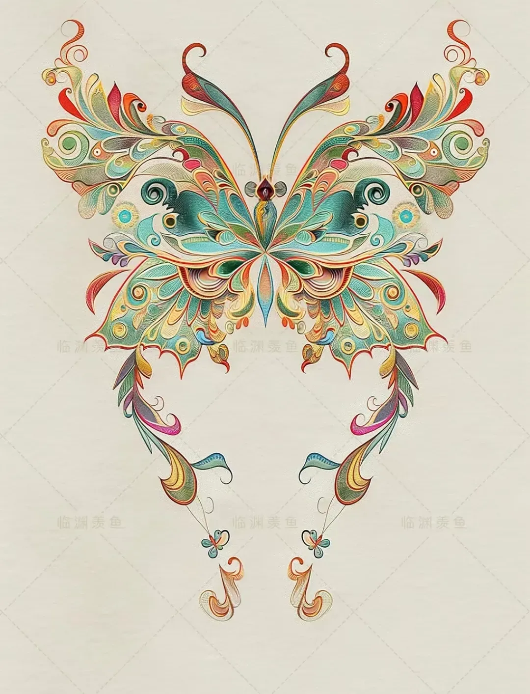 分享一组敦煌壁画纹样插画,描绘了形态各异的蝴蝶花纹,造型华丽而充满