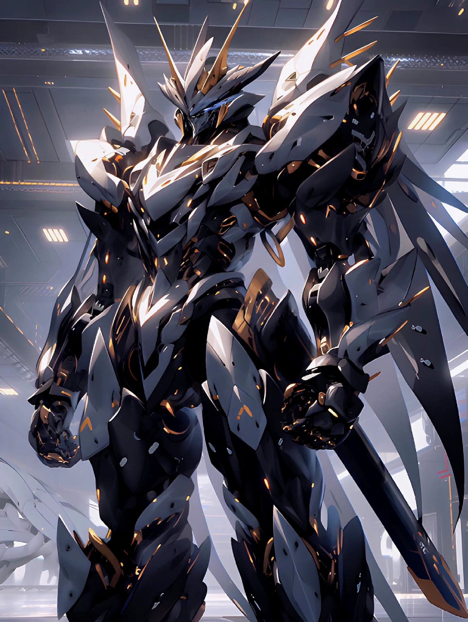 一组ai生成的机甲插画作品,金色与白色相间的外甲,华丽而帅气.
