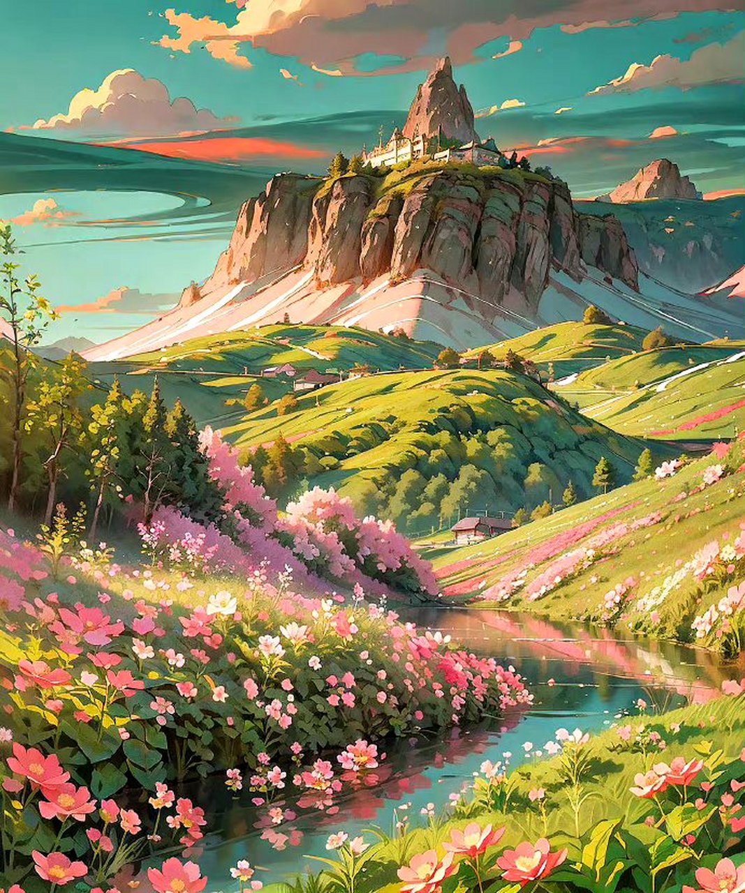 一组ai生成的风景插画作品,描绘了被粉色花朵笼罩的田园风光.