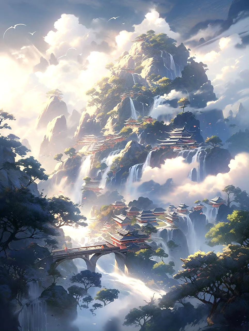 一组ai生成的奇幻风景插画作品,主题为山海经-堂庭山 676767,by