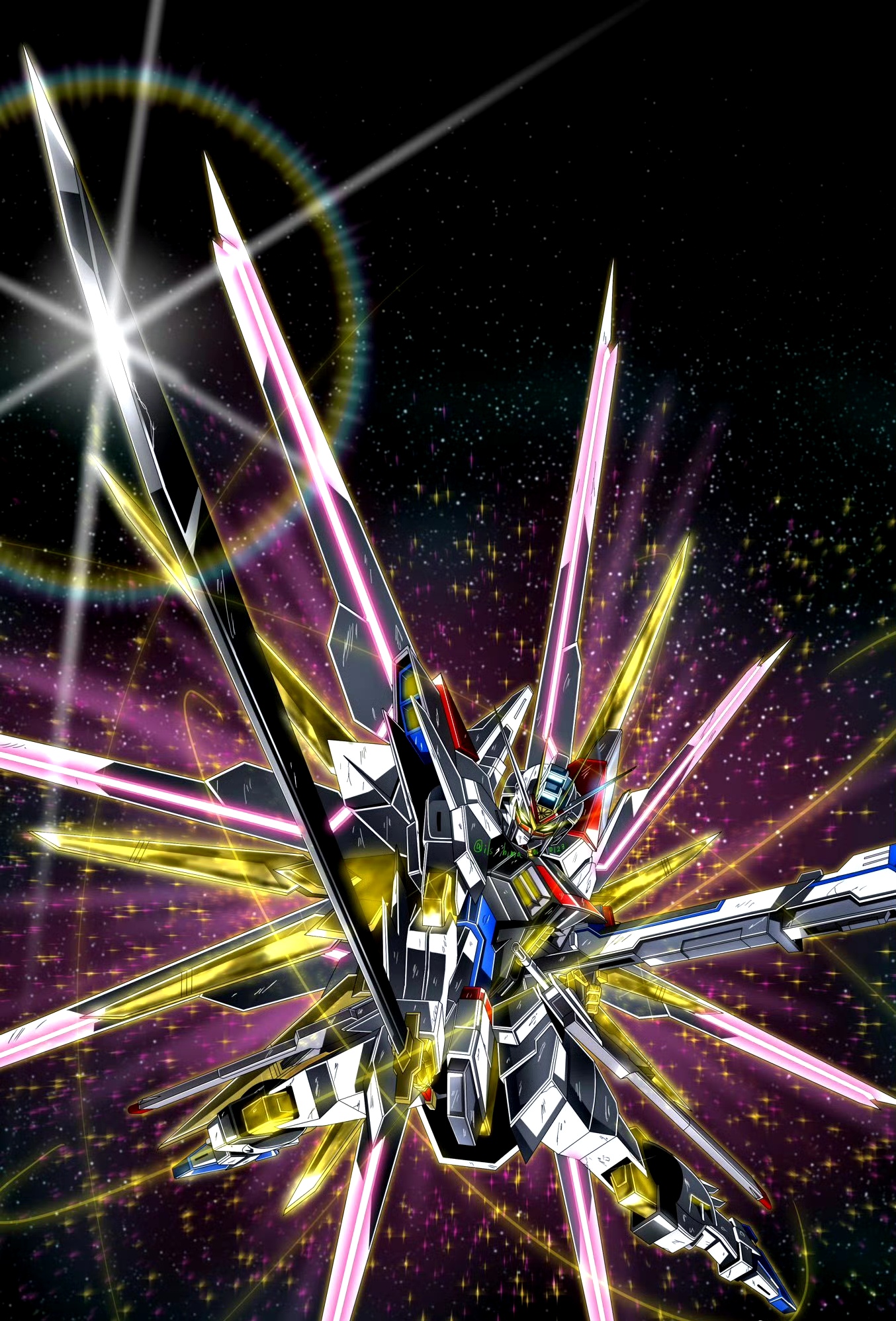 的一组机动战士高达seed系列插画作品,用绚丽的色彩描绘帅气的机体