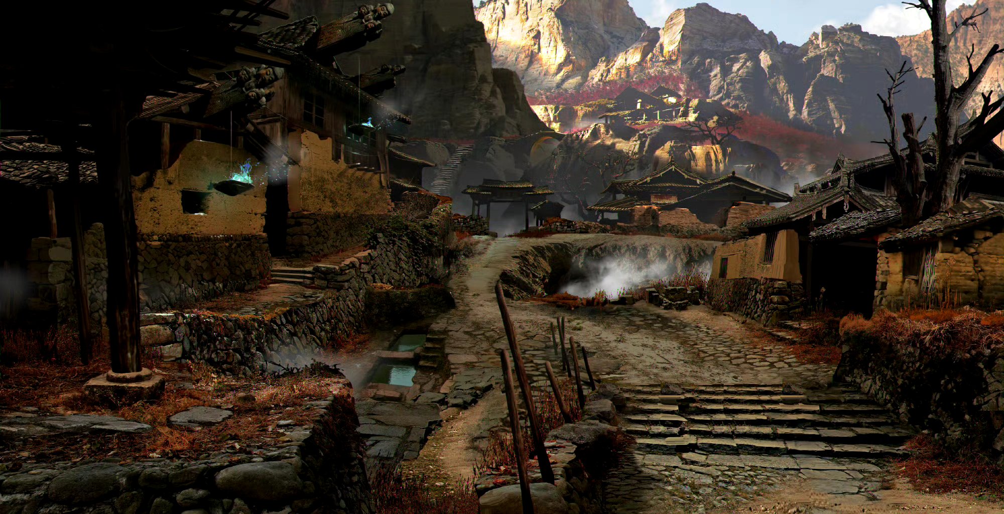 分享一组《黑神话:悟空》黄风岭的场景设计插画,展现了其环境,建筑