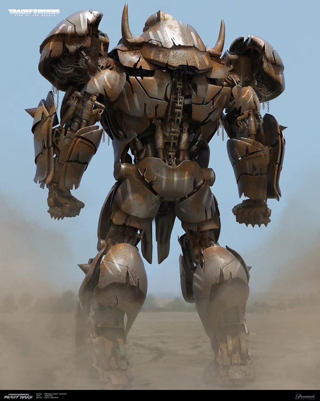 《变形金刚:超能勇士崛起》犀牛勇士概念设定图,盔甲可以展开,有电击