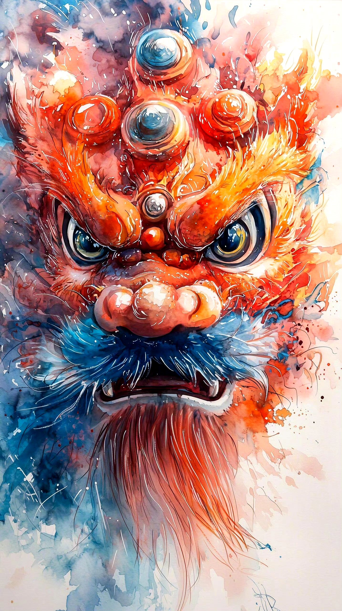分享一组ai生成的舞狮插画作品,用缤纷的水墨风格再现了南北雄狮的