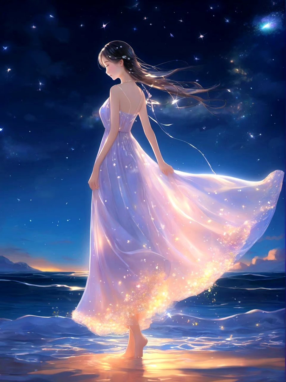 一组ai生成的动漫人物插画作品,月光下轻舞的女孩.