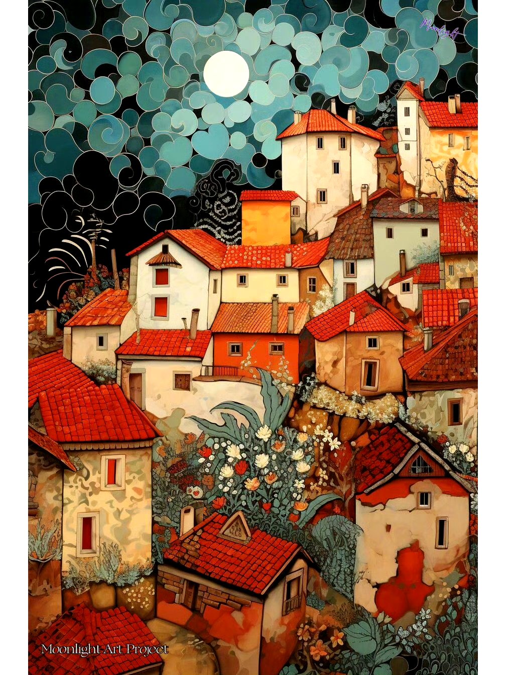 分享一组风景插画作品欣赏,展现了夕阳和月光下的红瓦房,画面色彩浓郁