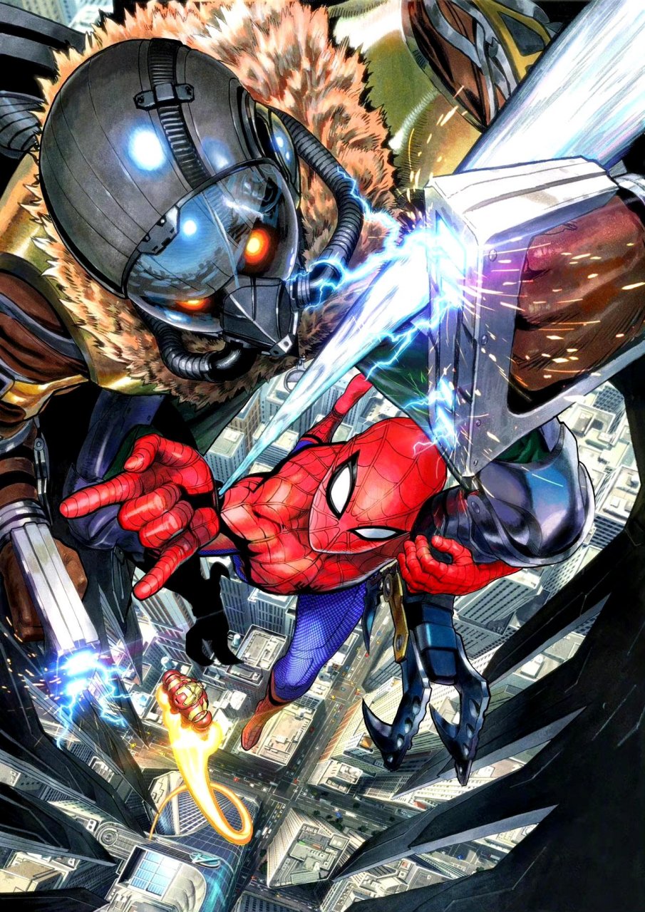 一拳超人漫画作者村田雄介为漫威绘制的角色海报,色彩与人物动感十足.