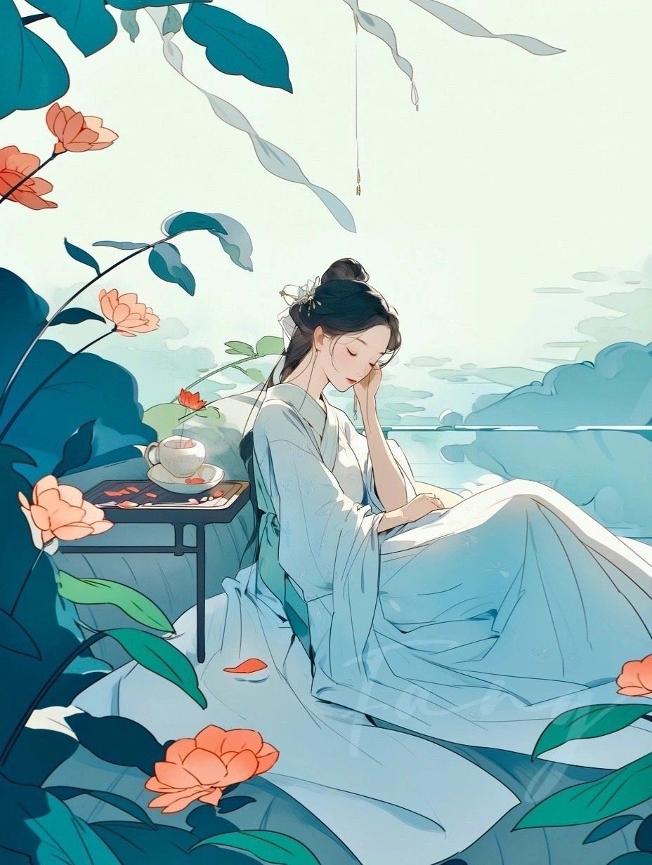 分享一组国风人物插画欣赏,描绘了古风少女在花丛休憩的场景,画面色彩