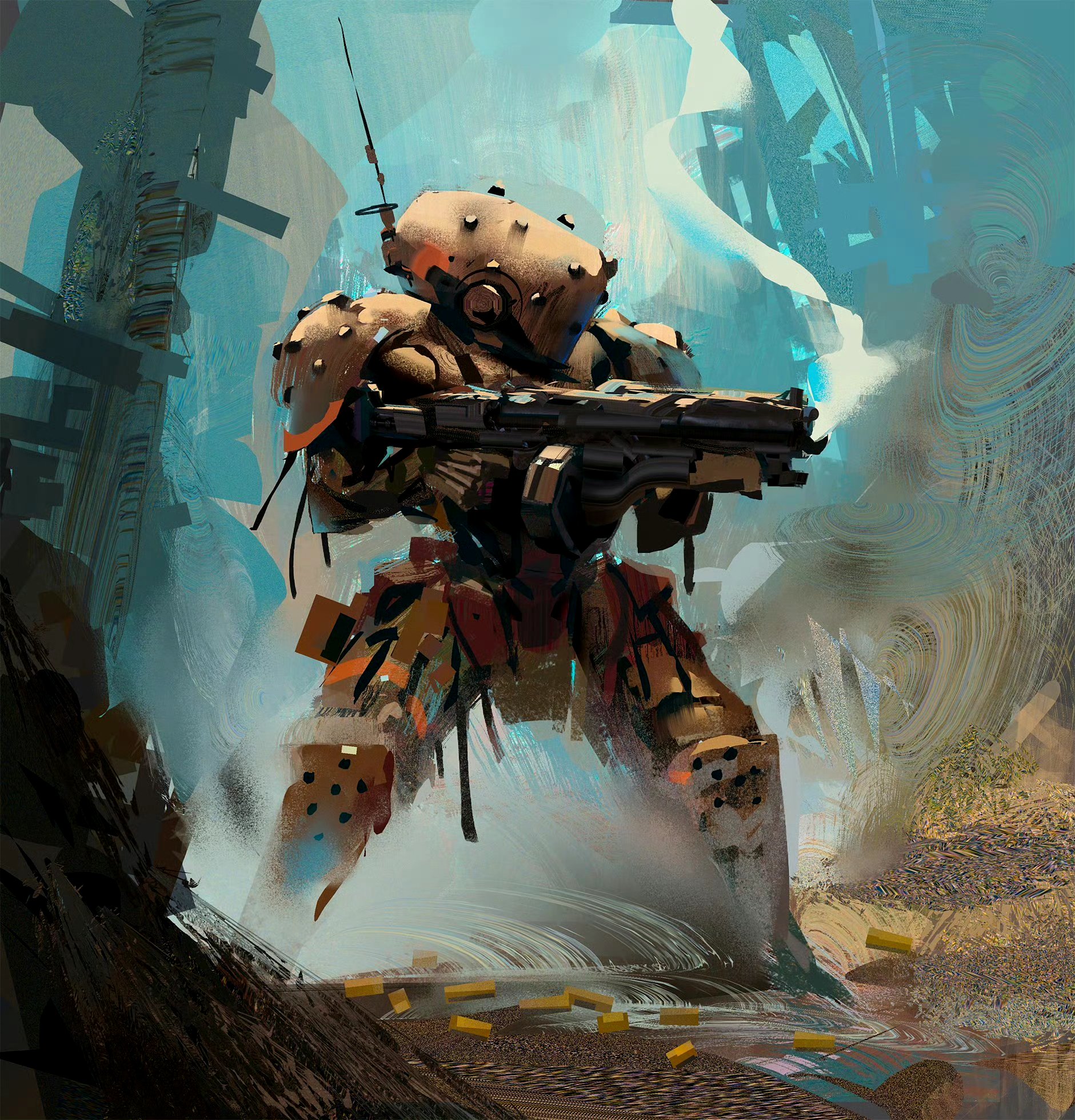 结合机械元素创作出造型独特的机体,展现了它们作战的场景