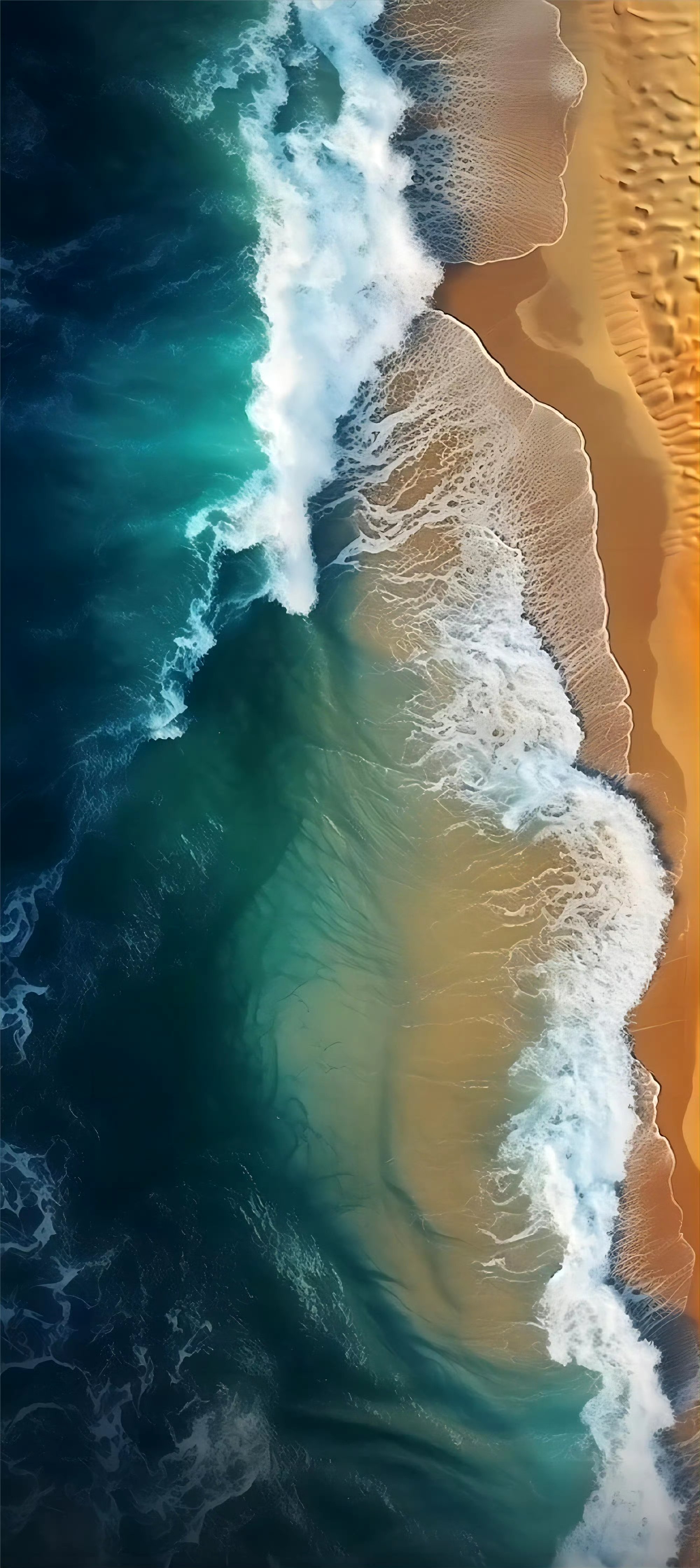 分享一组风景照片,深蓝色的海浪与橙色的沙滩交织在一起,构成独特的