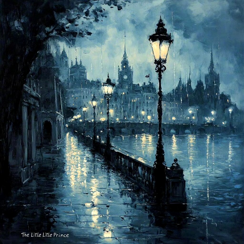 分享一组维多利亚时代的城市夜景油画,建筑中透出的灯光为夜色增添了