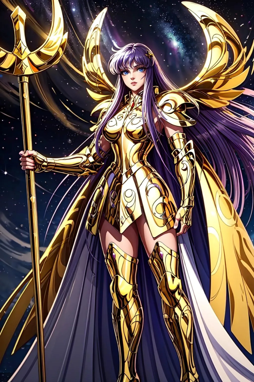 ai生成的一组圣斗士星矢雅典娜插画作品,展示了她身着圣衣的状态,气场