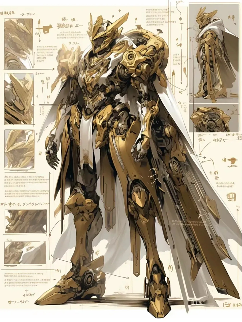 ai生成的一组机甲作品,黄金圣骑士,将骑士盔甲与机甲结合起来.