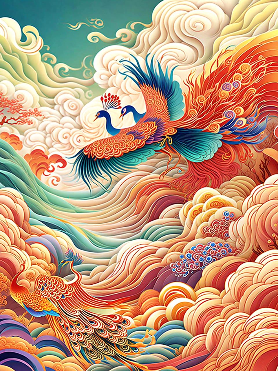 ai生成的一组关于凤凰的插画作品,凤凰展翅九天飞,万里晴空五彩随.