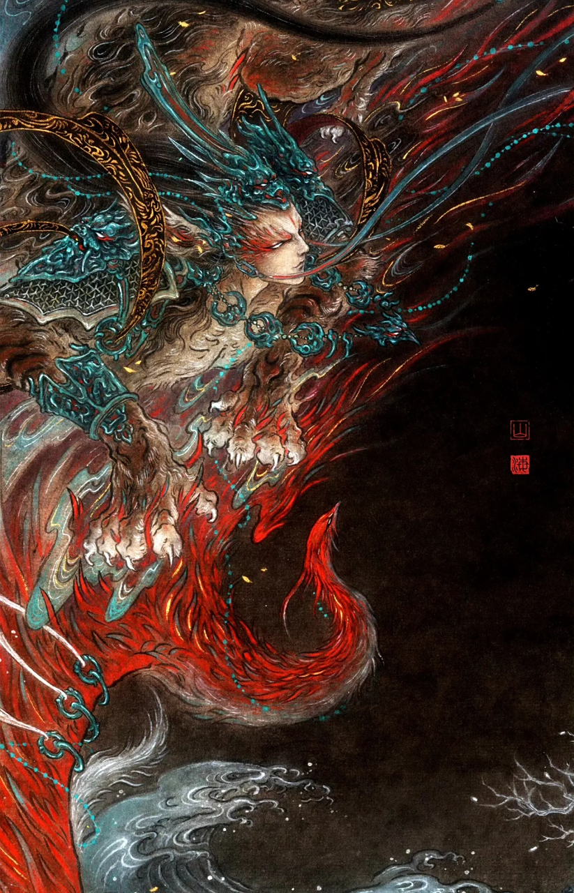 画师杉泽创作的一组以《山海经》为主题的绘画作品,用绚烂的色彩再现