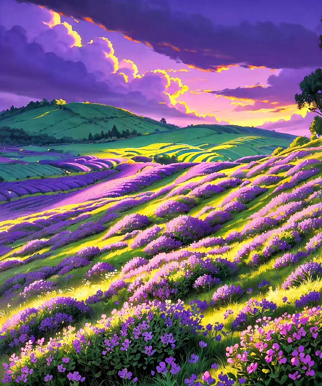 一组ai生成的风景作品,梦幻般的紫色花海.#动漫# #插画# #二次元