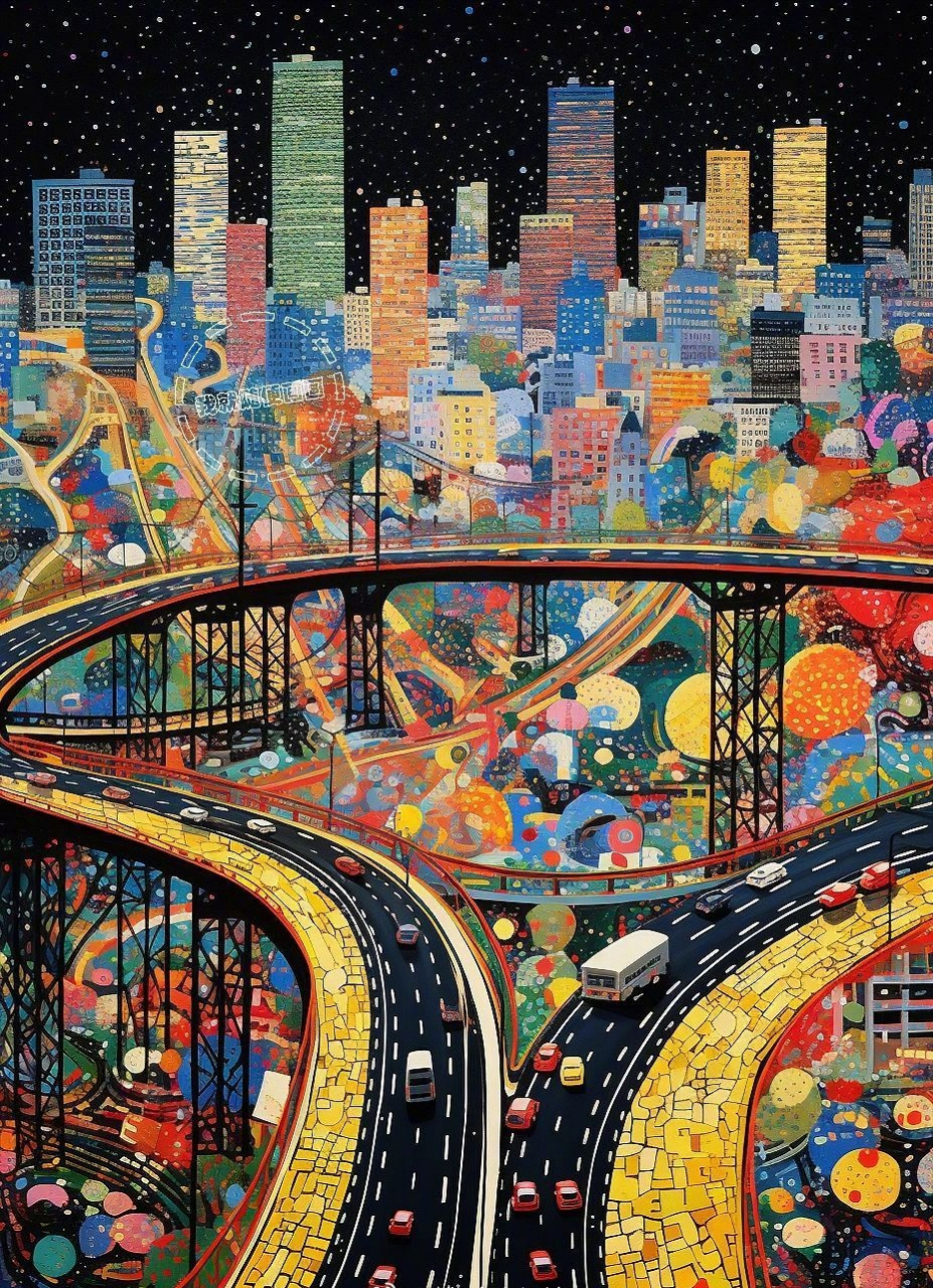 ai生成的一组城市风景绘画作品,用绚丽的色彩描绘了熙攘的车流与灯火