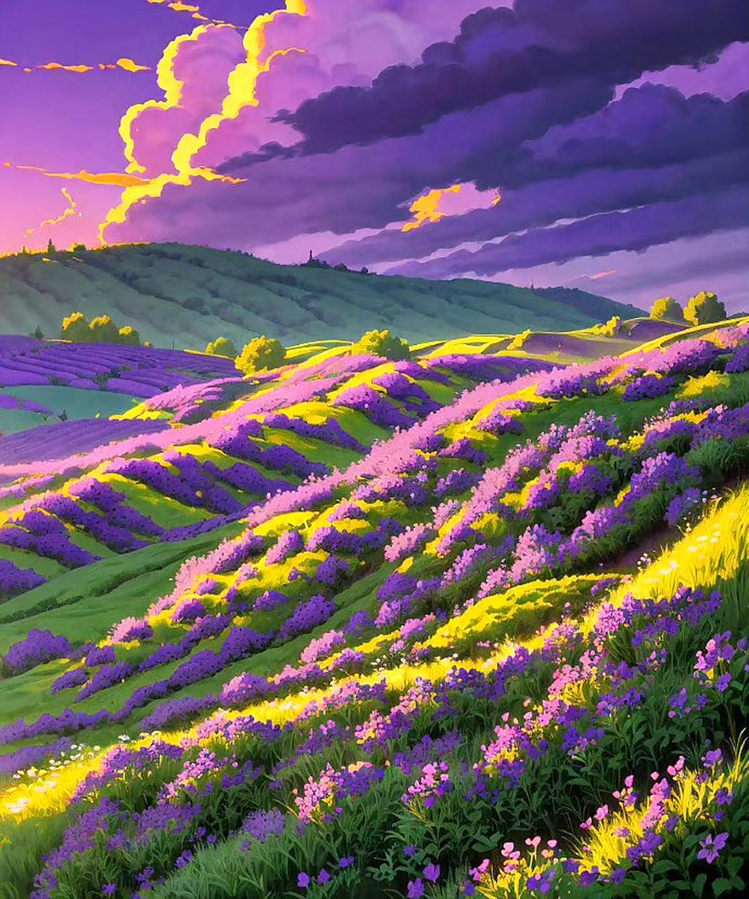 一组ai生成的风景作品,梦幻般的紫色花海.#动漫# #插画# #二次元